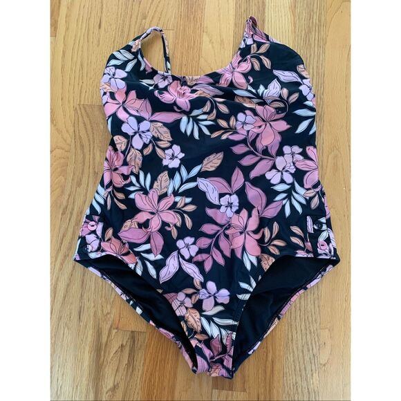 AQUA COUTURE One Piece Swimsuit Black Orange Pink Florals - Picture 9 of 9